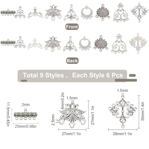 SUNNYCLUE 1 Box 54Pcs 9 Style Chandelier Connector Charms Component Links Alloy Hollow Filigree Pendants Flat Round Teardrop Triangle Shape for Jewelry Making Earring Supplies,Antique Silver - color: 54pcs 9 Style Silver Color