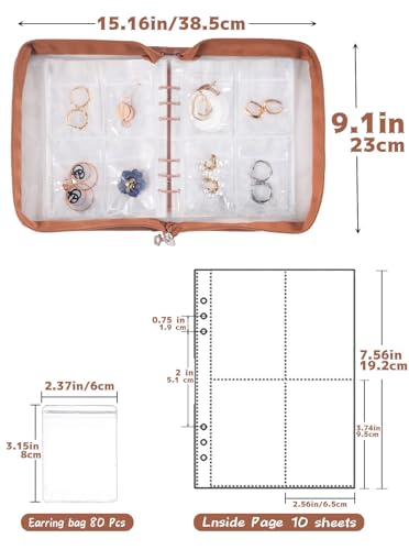 Jewelry Organizer Case Travel Jewelry Storage Bag Clear Jewelry Rolls (Light Brown,With 80 PCS Earring Pouches) - color: Light Brown,With 80 PCS Earring Pouches