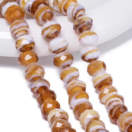 7.5×10mm 50pcs Brown White Facted Lampwork Glass Beads for Jewelry Making, Flat Round Handmade Murano Beads for Bracelets, Crafts, Friendship Bracelet Kit, Rosary Making - color: Brown White