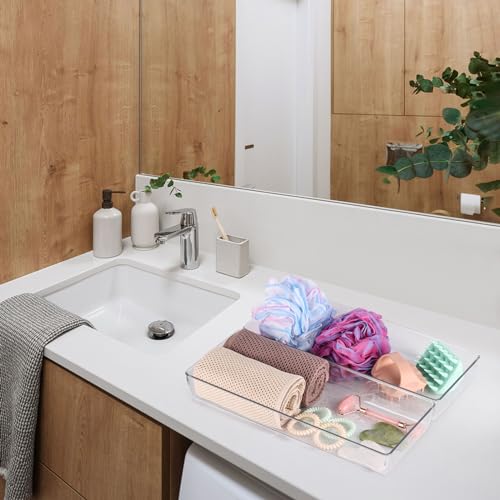 6 Pcs Large Clear Plastic Drawer Organizers Tray 15" x 6.3" Storage Bins with 25 Pcs Non-Slip Pads for Makeup, Jewelries, Kitchen Utensils, Bathroom and Office - size: 15"x6"