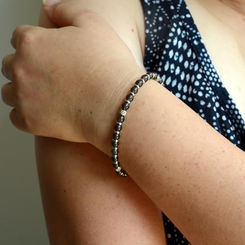 Ganbatte Handmade Beaded Bracelet, Natural Stone and Silver Stainless Steel, Boho Style Women's Jewelry - color: Obsidian/Black Ice