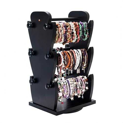Two-Sided Rotating Wooden Jewelry Bracelet Holder Stand – 3-Tier Display with 6 Removable Bars for Bracelets, Bangles, Watches & Accessories – Black Wooden Organizer for Home or Retail Showcase - color: Black