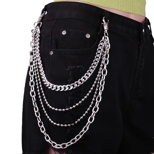 Layered Punk Pants Chain for Men Women, Gothic Hip Hop Jean Chain Wallet Chain Biker Trouser Chain, Goth Emo Fashion Keychain Accessories - color: 4L-Silver Chain