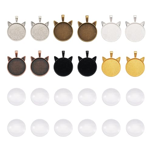 FASHEWELRY 24Pcs Alloy Cat Pendant Tray Blanks Bezel Cabochon Settings Memorial Photo Charms with 24pcs Glass Cabochons for Bouquet Wedding Graduation Decor - color: Cat Head