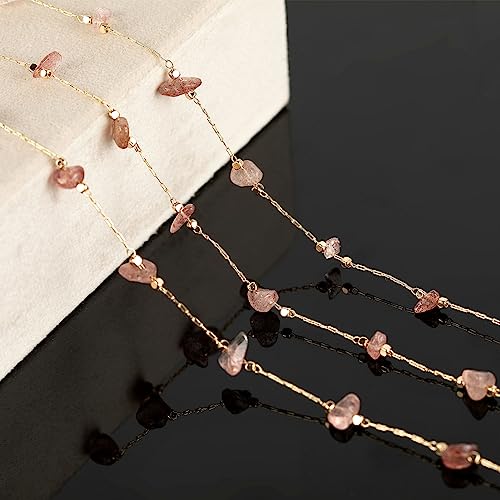 KYUNHOO 16.4ft Handmade Natural Raw Healing Crystal Natural Gemstone Brass Chain for Jewelry Making DIY Crafts Gold Chain Roll with Jump Rings and Lobster Clasps - color: Natural Stone-Strawberry