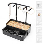 WCHOSOZH Jewelry Organizer Stand, 2-Tier Necklaces Holder with Wooden Tray and 5 Storage Hooks, Earring Holder with 5 Pcs Jewelry Bags for Bracelet,Chains,Rings,Earrings,Keys Watches (Black) - color: Upgraded Black