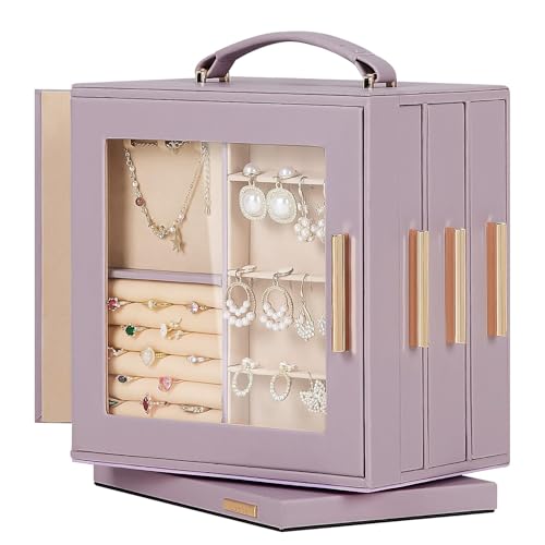 Homde Jewelry Box 360° Rotating, Necklace Earring Organizer with Transparent Window, Mirror, 7 Drawers, Large Ring Display Storage Case for Girls Women (Grey Purple) - color: Grey Purple
