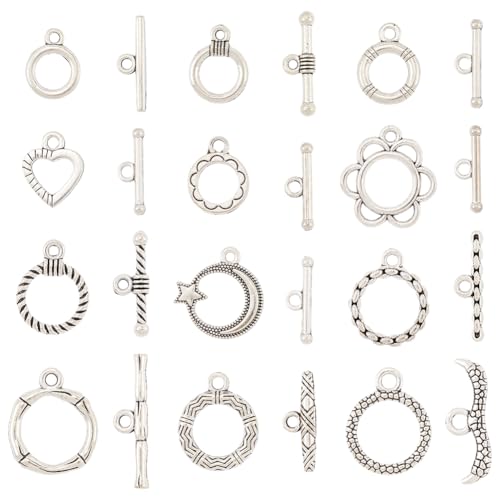 SUNNYCLUE 1 Box 12 Styles 72 Sets Ot Toggle Clasp Toggle Connectors Tibetan Style Alloy Metal Silver Moon Star Heart Flower Toggle Closure Bulk for Jewelry Making Friendship Bracelets Crafts Supplies - style: Style 3