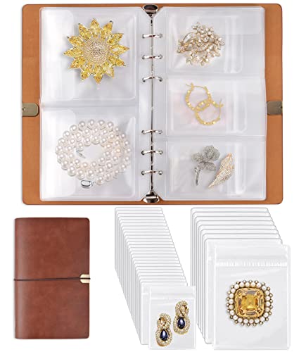 ChezMax Jewelry Organizer Book, Travel Jewelry Storage Book with Pockets, PU Leather Earrings Album, Small Accessories Holder for Bracelets Necklace Rings (40 Grids+40 Anti-Oxidation PVC Bags) - color: A6-brown