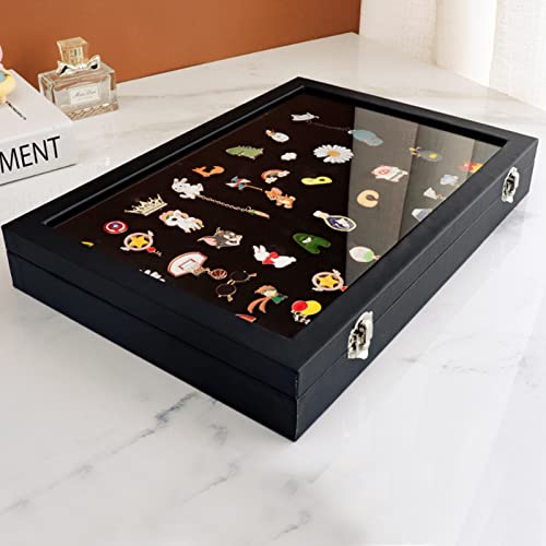 Pin Display Case Premium Transparent Glass Lid Jewelry Storage Box With Lock Buckle For Brooch Badge Medal Collection Black 28x20x5cm