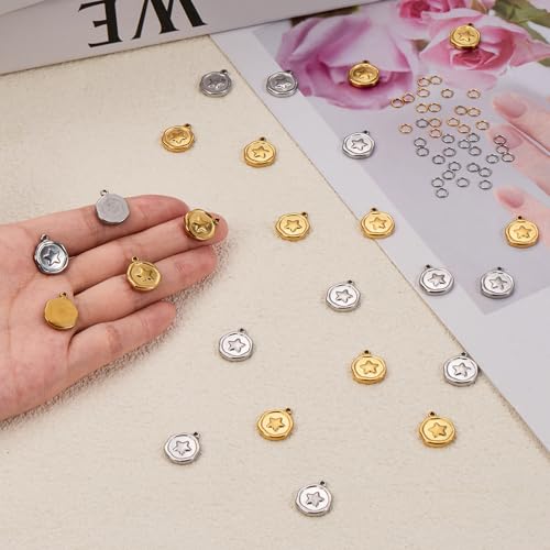 UMAOKANG Stainless Steel Charms Bulk for Jewelry Making Round Star Charm Pendant for Bracelet DIY Jewelry Supplies - color: Star Gold Silver