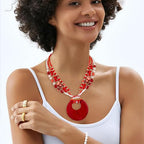 Coiris Shell Pendant Statement Strand Necklace for Women Boho Multi Beads Natural Stone Colorful Necklace Bohemian Handmade Chunky Shell Beaded Collar Jewelry for Women - color: Red
