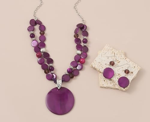 Layered Beads Statement Fashion Necklace Chunky Jewelry Set Big Colorful Glass Stone Circle Shell Pendant Choker Necklace and Earring Set for Women - color: purple