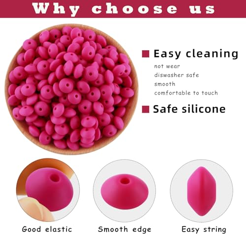 Sunrony 200Pcs Silicone Lentil Beads for Keychain Making, Bulk 12mm Silicone Abacus Spacer Beads for Necklace Bracelet Making Pens(Magenta) - color: H-Magenta