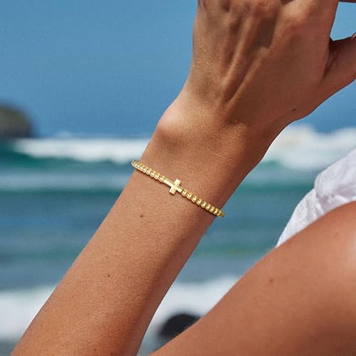 Mothers Day Gifts - Beaded Bracelets for Women 14K Silver Gold Plated Stretch Handmade Ball Bracelets Cute Charm Bracelet Dainty Stackable Cross Heart Bow Wave CZ Circle Trendy Jewelry Easter Gifts - color: cross