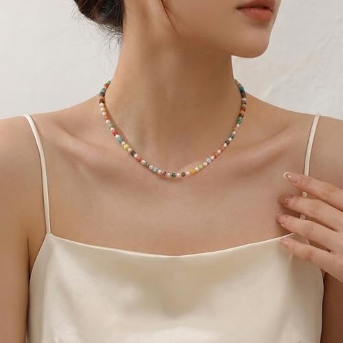 Handmade Natural Gemstone Beaded Necklace for Women, Cultured Freshwater Pearl Choker with Adjustable Extension Chain, Boho Healing Crystal Jewelry Collection - color: g Colorful