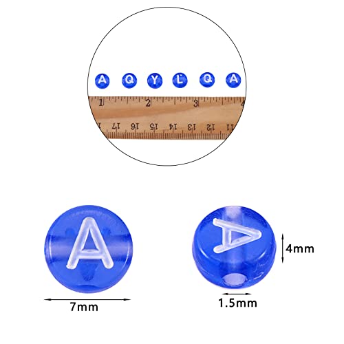 BEEFLYING 1480Pcs 7MM Transparent Acrylic Alphabet Beads Flat Round Disc A-Z White Letter Spacer Beads for DIY Friendship Boho Bracelet Hawaii Summer Holiday Surfing Jewelry Making (Blue Color) - color: Blue