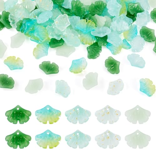 Glass Leaf Beads Crystal Glass Leaf Charms Transparent Leaves Pendants Tiny Green Leaf Bead Caps for Christmas Earring Bracelet Jewelry Making DIY Keychain Craft - color: Green Gingko Leaf