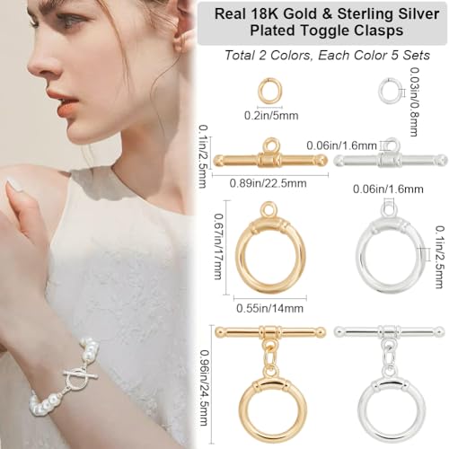 Beebeecraft 1 Box 10Pcs Toggle Clasps T-Bar Closure Clasps Real 18K Gold and 925 Sterling Plated Silver OT Buckle with Jump Rings for Necklace Bracelet Jewelry Making - color: #3 Gold&Silver 10 sets