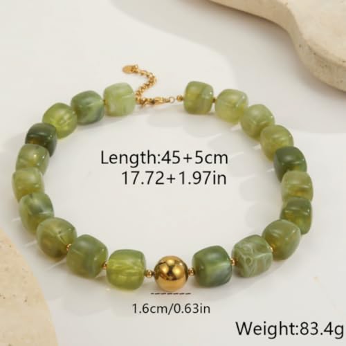 Colorful Beaded Choker Necklace for Women Boho Large Square Acrylic Beaded Necklace Adjustable Surfer Beach Strand Necklces Summer Jewelry Accessories - color: Green