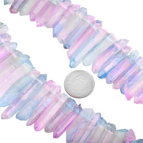 SUNYIK Pink/Blue Titanium Coated Crystal Points Quartz Rough Sticks Spikes Point Beads 15 inch Strand Drilled - color: Pink/Blue(Rough), size: 0.5"-1.6"
