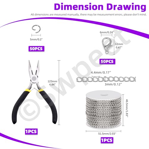 Swpeet 102Pcs White K Color 3mm by 10 Yard Length Jewelry Making Chains Kit with Jump Rings, Lobster Clasps and Jewelry Plier, Necklace Chains Flat Cable Link Chain Bulk Ideal for DIY Jewel Making - color: White
