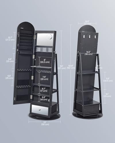 SONGMICS 360° Swivel Jewelry Cabinet, Full-Length Arched Mirror with LED Lights, Magnifying Mirror, Storage Shelves, Drawer, Ink Black UJJC030BC01 - color: Ink Black