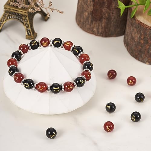 Cheriswelry 52Pcs 8mm Natural Gemstone Letter Beads Black Red Agate Alphabet Spacer Beads for DIY Crafts Necklace Bracelet Jewelry Making - color: Agate with Letter-Mixed Color