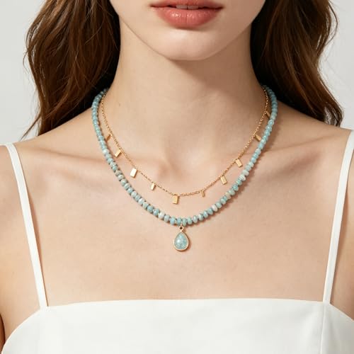 Plumiss Boho Handmade Natural Jasper Stone Beaded Crystal Mixed Strand Short Necklace for Women Girl - color: Amazonite Charm