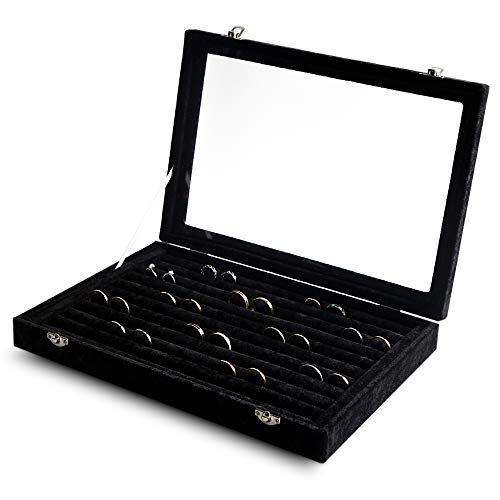 Frebeauty Rings/Earrings Organizer Tray with Clear Lid 10 Slots Velvet Drawer Insert Jewelry Storage box with Transparent Glass lid Jewelry Display Case Showcase Gift for Girls Women (Black, 10 Slots) - color: Black, size: 10 Slots