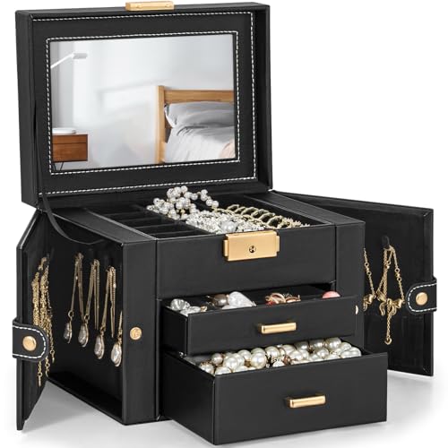 TORIBIO Jewelry Box for Women, Leather Jewelry Organizer with Mirror & Lock, 3-Tier Jewelry Storage Organizer with 2 Drawers for Girls/Women/Mothers, Necklace Earring Bracelets Holder Organizer - color: Black + Black, size: 3 Layer