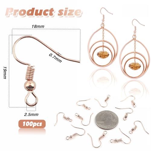 TOAOB 100pcs Earring Hooks Hypo Allergenic French Ear Wires with Ball and Coil 18mm Rose Gold Fish Hook Earrings Making Supplies Jewelry Findings - color: Rose gold