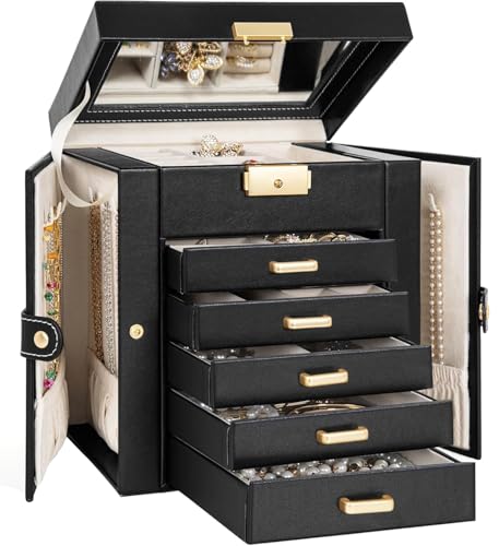 TORIBIO Large Jewelry Box for Women, Leather Jewelry Organizer with Mirror & Lock, 6-Tier Jewelry Storage Case for Girls/Women/Mothers, Necklace Earring Bracelets Holder Organizer - color: Black + Gold, size: 6 Layer