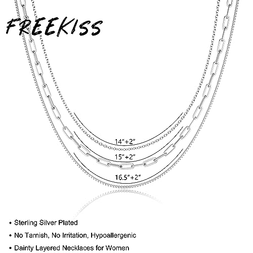 Freekiss Women's Layered Necklace Set - 3 Piece Dainty Gold Jewelry for Everyday Stacking | 14K Gold Plated Snake Chain, Rope Chain, Cuban Chain | Adjustable Length 14-18.5 Inch | Gift Ready - color: Silver, style: Paperclip+O+Box Chain