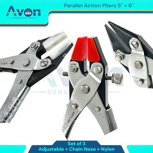 Adjustable Double Nylon Flat Nose Jaws & Non-Adjustable + Smooth Chain Nose – Uniform Pressure to Provide a Consistent Grip – Textured Metal Handles - Tool for Jewelry Making (3 Pack Bundle)