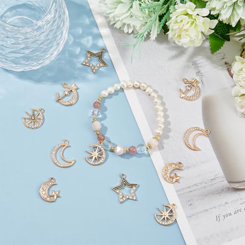 Brass 18k Gold Plated Charms Brass Pave Cubic Zirconia Charms Real 18k Gold Plated Charm Assorted Crystal Sun Star Moon Charm for Bracelet Earring Jewelry Making - size: 19.5mm