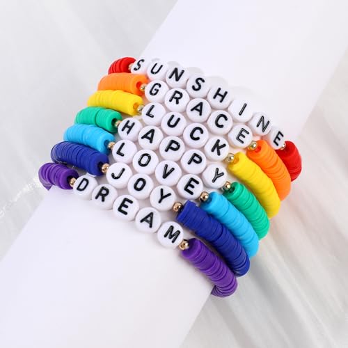 Rainbow Heishi Surfer Bracelets Set for Women Stackable Clay Beaded Bracelets Disc Stretch Preppy Bracelets Layering Colorful Friendship Bracelets Team Cheer Bulk Boho Summer Beach Jewelry Gift - style: LUCK