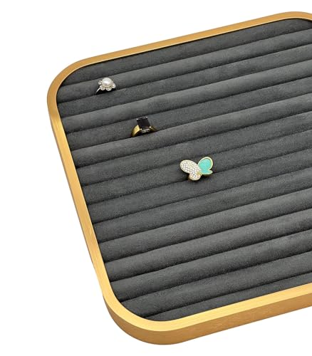TheDisplayGuys - Aluminum Jewelry Organizer Display Tray - Faux Suede Insert - 14 Ring Holder Rows - Gold/Grey - color: Grey Suede, size: Jewelry Rows - 14, style: Aluminum - Gold