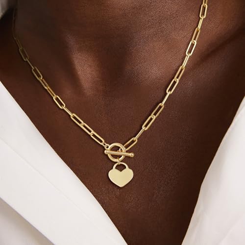 Carffordo Gold Plated Necklaces for Women - Dainty Layered 14K Gold Plated Stack Paperclip Rope Cuban Toggle Link Chain Choker Necklace Set Chunky Trendy Jewelry Gift - style: OT-Heart
