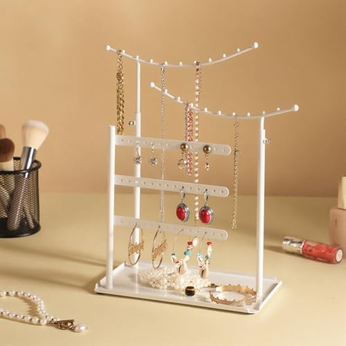 LAMU Jewelry Organizer, 5 Tier Jewelry Stand Display with Anti Entanglement Necklace Holder Tree, Height Adjustable Stroage for Earrings Rings Studs Bracelet, Valentines Day Gifts for Women, White - color: White