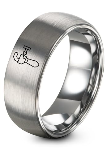 Chain Tool Ring - Gift for Cyclist - 8mm - Band - Gunmetal Black Silver - Personalized Custom Engraving - Men Women - Anniversary Engagement Wedding - Tungsten Carbide - Flat Dome Bevel - color: 04 - Grey Tungsten