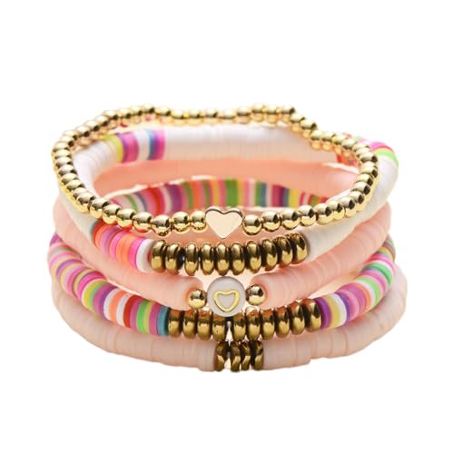 COLORFUL BLING 5-12Pcs Bohemian Love Heart Bead Bracelets for Women Vinyl Disc Heishi Surfer Stackable Stretch Bracelet Summer Beach Boho Jewelry - color: 5pcs white pink