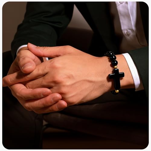 Healing Onyx Bracelet for Women Men Handmade Natural Gemstone Amethyst Crystal Bracelets Obsidian Cross Beaded Stone Jewelry - color: Black Agate