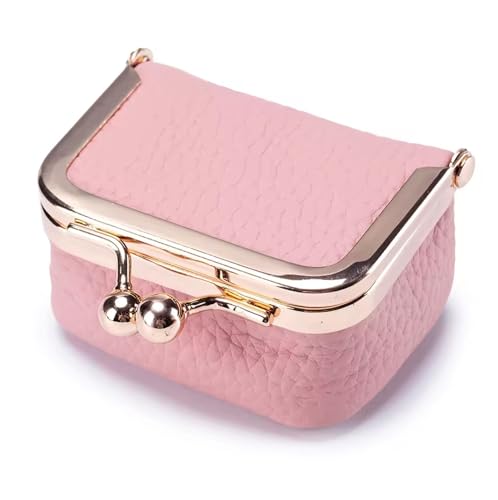 Genuine Leather Mini Jewelry Box for Women, Square Coin Purse with Kiss Lock, Jewelry Organizer Travel Case (Small, Pink) - color: 106. Pink, size: Small