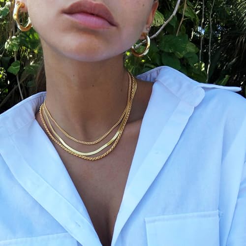 Gold Layered Necklaces for Women, 14K Gold Plated Dainty Gold Chain Choker Necklace Stack, Herringbone Gold Necklaces Set - color: gold-3-Herringbone