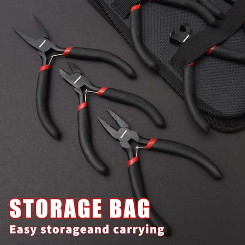 WISEUP 8-Piece Mini Pliers Set，Needle, Round, Flat, Long, Bent Nose, Diagonal, End Cutting & Linesman Pliers for Crafting, Electronics & Jewelry Making，with Pouch