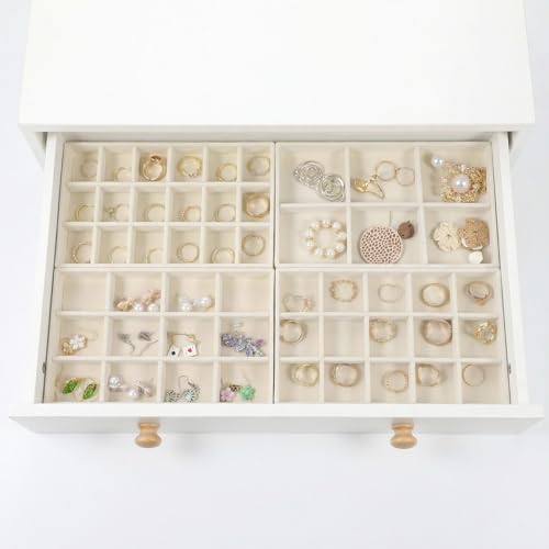 12 Pcs Velvet Jewelry Organizer Trays Set, 4 Styles Stackable Drawer Organizer with Removable Dividers, Storage and Display for Earrings, Necklaces, Bracelets, Rings, Vanity Dresser Storage Box, Beige