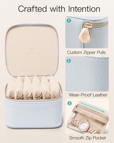VLANDO Travel Jewelry Case,Travel Jewelry Organize with 6 Velvet Jewelry Zipper Pockets,Premium Petal Hardware Jewelry Case for Birthday Wedding Graduation Gifts-Baby Blue - color: 6PCS-Baby Blue