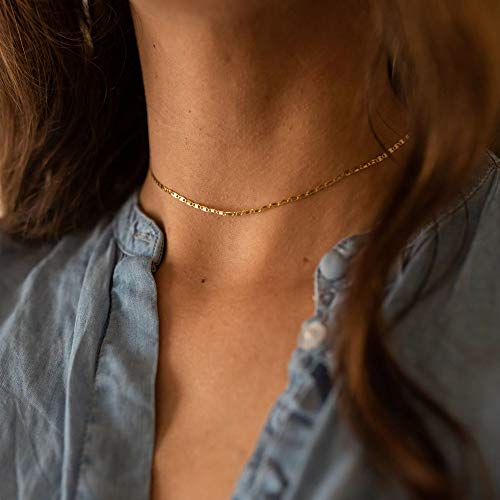 MEVECCO Dainty Gold Chain Choker Necklace 14K Gold Plated Handmade Boho Cute Tiny Beaded Link Choker Necklace Delicate Simple Minimalist Choker Necklace for Women - style: Plain Mariner Chain