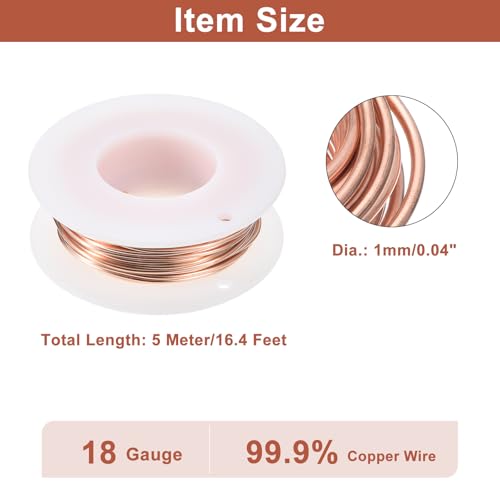 uxcell Soft Copper Wire (18 Gauge, 16.4 FT), 99.9% Pure Bare Copper Wire 1mm Solid Craft Wire for DIY Crafting Gardening Decoration (5Meter) - size: 18 Gauge X 16.4 Ft